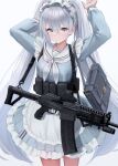  1girl absurdres apron arms_up bag blue_serafuku blue_shirt blue_skirt breasts chest_rig commentary_request cowboy_shot frilled_skirt frills grey_eyes grey_hair gun hair_between_eyes highres long_hair long_sleeves looking_at_viewer maid maid_headdress medium_breasts neckerchief original saiga-12 sailor_collar school_bag school_uniform serafuku shirt shotgun simple_background skirt solo sthk tactical_maid twintails unconventional_maid very_long_hair waist_apron weapon white_apron white_background white_neckerchief white_sailor_collar 
