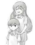  1boy 1girl :/ :d antenna_hair arms_at_sides behind_another blush brother_and_sister closed_eyes closed_mouth collared_shirt cowboy_shot dot_nose facing_viewer film_grain gokun greyscale hair_between_eyes hands_on_another's_shoulders height_difference highres long_hair looking_at_viewer mari_(faraway)_(omori) mari_(omori) miniskirt monochrome omori open_mouth pleated_skirt shirt short_hair short_sleeves siblings skirt smile sunny_(omori) v-neck vest 