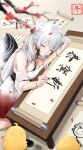 1girl absurdres azur_lane bare_shoulders black_hair breasts calligraphy_brush chinese_commentary cleavage commentary_request doodle_commander_(azur_lane) dress flower gradient_clothes gradient_dress hai_tien_(azur_lane) hai_tien_(baker_of_heart_into_sweets)_(azur_lane) hair_flower hair_ornament highres holding holding_brush indoors long_hair low-tied_long_hair manjuu_(azur_lane) medium_breasts multicolored_hair official_alternate_costume paintbrush red_dress scroll solo two-tone_hair very_long_hair white_dress white_flower white_hair wo_meiyou_mao 