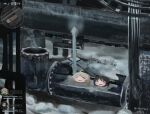  2girls ahoge bathing black_hair blonde_hair chito_(shoujo_shuumatsu_ryokou) closed_eyes commentary_request health_bar highres industrial_pipe long_hair minimap multiple_girls no_nose nude scene_reference shoujo_shuumatsu_ryokou snow steam twitter_username wanigumo yuuri_(shoujo_shuumatsu_ryokou) 