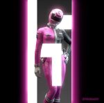  1girl bodysuit boots commentary dekapink english_commentary gloves hand_on_own_hip helmet holster numbered orange_bodysuit pink_boots pink_helmet police_badge power_rangers power_rangers_s.p.d. s.p.d._pink_ranger super_sentai tokujay tokusatsu tokusou_sentai_dekaranger twitter_username watermark white_gloves 
