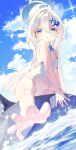  1girl absurdres arm_strap blue_archive blue_eyes blue_halo blue_ribbon blue_sky blush cameltoe cloud colored_eyelashes commentary_request cosplay detached_collar dolphin_hair_ornament flat_chest gradient_eyes green_eyes hair_between_eyes hair_ornament halo highleg highleg_one-piece_swimsuit highres korean_commentary long_hair long_single_sidelock looking_at_viewer multicolored_eyes ocean one-piece_swimsuit open_mouth orca orca_hair_ornament pparus ribbon riding riding_animal sayuri_(blue_archive) sayuri_(blue_archive)_(cosplay) sky solo sparkle swimsuit thigh_strap toes watch water white_eyelashes white_hair white_one-piece_swimsuit wristwatch x_hair_ornament 