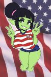  1girl absurdres american_flag black_hair blue_shorts breasts colored_skin commentary cropped_legs double_v english_commentary female_goblin goblin green_eyes green_skin hair_bun highres iggybomb large_breasts looking_at_viewer makeup medium_hair open_mouth original pointy_ears short_shorts shorts smile soccer_uniform solid_oval_eyes solo sportswear svetlana_(iggybomb) teeth united_states_men's_national_soccer_team_uniform v 