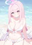  1girl absurdres angel_wings bare_arms bare_shoulders bikini blue_archive blush breasts choker cleavage closed_mouth collarbone commentary dot_mouth dot_nose feathered_wings frilled_bikini frills halo highres kurenaiaoi0 long_hair low_wings medium_breasts mika_(blue_archive) mika_(swimsuit)_(blue_archive) navel official_alternate_costume official_alternate_hairstyle pink_hair pink_halo sitting solo stomach swimsuit thighs white_bikini white_choker wing_ornament wings yellow_eyes 