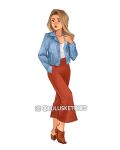  1girl artist_self-insert blue_jacket brown_eyes brown_hair brown_shoes commentary denim denim_jacket english_commentary full_body hand_in_pocket highres instagram_username jacket jewelry laura_price making-of_available necklace pants photo-referenced real_life red_lips red_pants ring self-portrait shoes smile solo watermark wedding_ring 