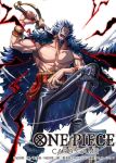  1boy 1girl abs bashikou blue_hair boots coat coat_on_shoulders commentary_request copyright_name facial_hair goatee haki_(one_piece) holding holding_sword holding_weapon leather leather_pants long_nose male_focus multicolored_hair official_art one_piece one_piece_card_game open_mouth pants rocks_d._xebec sword two-tone_hair weapon white_hair 
