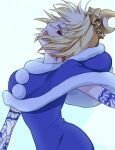 1girl antenna_hair arched_back arcueid_brunestud blonde_hair blue_capelet blue_dress blue_santa_costume breasts capelet commentary_request crown dress fate/grand_order fate_(series) floating_clothes floating_hair fur-trimmed_capelet fur_trim looking_at_viewer official_alternate_costume open_mouth phantas-moon phantas-moon_(third_ascension) pom_pom_(clothes) profile red_eyes santa_costume shitanaga043 short_hair sidelocks single_hair_intake sleeveless sleeveless_dress smile solo 