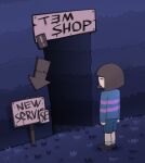  ! 1boy arms_at_sides arrow_(symbol) bergoq black_shoes blue_shorts blue_sweater brown_hair closed_mouth commentary dark english_commentary english_text frisk_(undertale) from_behind full_body genderswap genderswap_(otm) highres long_sleeves male_focus purple_sweater shoes short_hair shorts sign sneakers solo standing striped_clothes striped_sweater sweater two-tone_sweater undertale utdr_(toby_fox) 