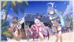 1boy 4girls ahoge ako_(blue_archive) backlighting beach bell bikini blue_archive blue_hair blue_sky breasts chinatsu_(blue_archive) choker closed_eyes collar commentary_request demon_horns demon_wings doodle_sensei_(blue_archive) flat_chest food frills grey_hair hair_ribbon halo highres hina_(blue_archive) holding holding_food horns innertube iori_(blue_archive) iori_(swimsuit)_(blue_archive) keji133 large_breasts multiple_girls musical_note nail_polish navel neck_bell palm_tree ribbon sensei_(blue_archive) shop sky strapless strapless_bikini summer sunglasses swim_ring swimsuit thigh_strap tree white_hair wings 
