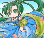  1girl blue_dress blue_skirt breasts chibi cleavage dress earrings fire_emblem fire_emblem:_the_blazing_blade green_eyes griffonmask11 highres jewelry large_breasts long_hair lyn_(fire_emblem) ponytail short_sleeves skirt solo very_long_hair 