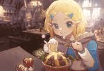  1girl alcohol apple beer beer_glass blonde_hair blue_eyes blue_shirt bowl braid brown_capelet butter capelet chewing crown_braid dot_nose eating flower food food_on_face food_request fruit hair_ornament hairclip highres holding holding_spoon indoors jian_yangmaomao_mao_ka_chi_ka_chi long_sleeves looking_at_viewer parted_bangs people plate pointy_ears princess_zelda shirt short_hair smile solo solo_focus spoon table tavern the_legend_of_zelda the_legend_of_zelda:_breath_of_the_wild wooden_spoon 
