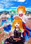  4girls :d alice_margatroid artist_name black_vest blonde_hair blue_dress blue_eyes blue_hair blue_sky bow breasts buttons capelet cirno closed_eyes closed_mouth cloud collared_dress commentary_request daiyousei double-breasted dress flower flower_wreath green_bow green_eyes green_hair hair_bow hair_flower hair_ornament hairband highres holding holding_wreath ice ice_wings kirisame_marisa long_hair looking_at_viewer multiple_girls neck_ribbon necktie open_mouth outdoors outstretched_arms petals red_hairband red_ribbon red_sash ribbon sakizaki_saki-p sash shirt short_hair short_sleeves sky smile spread_arms teeth touhou twitter_username unworn_headwear upper_teeth_only vest white_capelet white_shirt wings yellow_eyes yellow_necktie 