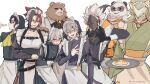  6+boys alternate_costume animal_ear_fluff animal_ears animal_nose anton_ivanov apron arm_belt ascot banyue_(zenless_zone_zero) bear_boy bear_ears bear_paws behind_another bell ben_bigger bespectacled billy_kid black_choker black_eyes black_hair blush body_fur brown_fur candy cat_ears choker claws closed_eyes closed_mouth commentary_request cowboy_shot crossdressing crossdressing_(mtf) crowe_(zenless_zone_zero) dress enmaided facing_viewer fake_animal_ears fang food frilled_apron frills furry furry_male glasses gloves grey_fur grey_hair hair_between_eyes half-closed_eyes half_gloves hand_on_another's_shoulder harness heart heart_hands height_difference highres holding holding_candy holding_food holding_lollipop holding_tray humanoid_robot japanese_clothes jewelry jingle_bell juliet_sleeves ketchup kimono leaning_forward lollipop long_sleeves looking_at_viewer maid maid_apron maid_headdress male_focus male_maid medium_hair multicolored_hair multiple_boys neck_bell neck_ribbon omelet omurice open_mouth pan_yinhu panda_boy parted_lips plate puffy_sleeves purple_eyes red_eyes red_hair ribbon ring robot robot_boy round_eyewear seth_lowell short_hair shoulder_tattoo side-by-side sideways_glance simple_background smile snout suspenders sweat tattoo tray two-tone_hair white_apron wise_(zenless_zone_zero) yasiro_hayate zenless_zone_zero 