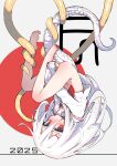  1girl 2025 absurdres barefoot blush bottomless chinese_zodiac commentary_request expressionless flat_chest fukutchi full_body highres long_hair looking_at_viewer nengajou new_year original red_eyes school_uniform serafuku sleeves_past_fingers sleeves_past_wrists snake_tail solo tail upside-down white_hair year_of_the_snake 