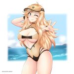  1girl alternate_costume blonde_hair breasts cleavage fire_emblem fire_emblem_fates grey_eyes grin hayato_stuff highres large_breasts long_hair looking_at_viewer ocean one_eye_closed ophelia_(fire_emblem) outstretched_arm reaching_out smile solo swimsuit underboob visor_cap yellow_one-piece_swimsuit 