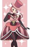  1girl bare_shoulders battle_chatelaine black_corset black_gloves black_pantyhose blush breasts corset dana_(pokemon) dress elbow_gloves gloves hat highres large_breasts long_hair looking_at_viewer missandydandy open_mouth pantyhose pink_dress pink_eyes pink_hair pokemon pokemon_x_and_y solo top_hat 