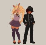  1girl 1other ahoge akamatsu_kaede akamatsu_kaede_(cosplay) alternate_skin_color animal_ears antlers bag baseball_cap blonde_hair brown_eyes brown_hair buck_teeth buttons coffeiii commentary cosplay curly_hair danganronpa_(series) danganronpa_v3:_killing_harmony deer_antlers deer_ears deer_girl deer_tail deltarune double-breasted english_commentary full_body furry furry_female grey_background hair_ornament hat highres hooves horns kris_(deltarune) musical_note musical_note_hair_ornament musical_note_print necktie noelle_holiday orange_necktie pink_sweater_vest pink_vest reindeer_girl saihara_shuichi saihara_shuichi_(cosplay) shaded_face simple_background sweater_vest tail teeth two-tone_sweater_vest utdr_(toby_fox) vest white_bag 