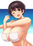  1girl ;d bikini bikini_top_only blue_background blush breasts brown_eyes brown_hair cleavage eyepatch_bikini gradient gradient_background highres huge_breasts idolmaster idolmaster_cinderella_girls looking_at_viewer oikawa_shizuku one_eye_closed open_mouth short_hair simple_background smile solo sweat swimsuit tomajiyama two-tone_background upper_body white_background white_bikini 