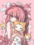  >_< +_+ 1girl ^_^ absurdres ahoge bare_arms bare_shoulders border bow bowtie brown_eyes cat chinese_commentary cloak closed_eyes closed_mouth colored_eyelashes commentary_request cowboy_shot dress ear_covers food_print fruit_print halo happy heart highres hood hood_up hooded_cloak light_blush long_hair long_sidelocks loose_hair_strand momo_(nikki) multiple_views nikki_(nikki) nikki_(series) nikki_up2u outside_border pink_background pink_border pink_hair pink_ribbon polka_dot polka_dot_dress print_dress red_bow red_bowtie ribbon shadow sidelocks sleeveless sleeveless_dress smile sparkling_eyes standing star_(symbol) strawberry_print traditional_bowtie traditional_halo very_long_hair whiskers white_cat white_dress white_halo yellow_cloak yue_bai_(xinjinjumin234856302182) 