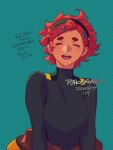  1girl 2026 black_hairband black_shirt breasts closed_eyes commentary dated gundam gundam_suisei_no_majo hair_ornament hairband hairclip ivy_hermit laughing medium_breasts open_mouth red_hair shirt short_hair smile solo suletta_mercury thick_eyebrows upper_body x_hair_ornament 