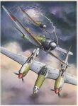 a6m_zero aircraft airplane cloud dark_cloud flying imperial_japanese_navy lightning military_vehicle no_humans original outdoors p-38_lightning painting_(medium) propeller_fighter third-party_source traditional_media united_states_air_force vehicle_focus watanabe_fumiya world_war_ii 