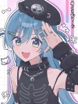  1girl :d arm_warmers armband beret black_hat black_nails blue_eyes blue_hair blush chain chain_necklace commentary double-parted_bangs drop_shadow ear_piercing fang grid_background hair_between_eyes hair_ornament hairclip hat highres jewelry jkkotc long_hair looking_at_viewer multiple_rings nail_polish necklace one_side_up open_mouth outline parallel_hairclips piercing pink_background ring salute shirt sidelocks skin_fang skull_pin sleeveless sleeveless_shirt smile solo translation_request turtleneck turtleneck_shirt untranslatable_commentary upper_body virtual_youtuber vspo! white_background white_outline yano_kuromu 