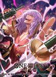  1boy beard_stubble bottle captain_john_(one_piece) commentary_request copyright_name epaulettes facial_hair holding holding_bottle long_hair male_focus official_art one_piece one_piece_card_game open_mouth outdoors purple_hair smile solo stubble sword uroko_(mnr) weapon 