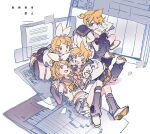  2boys 2girls blonde_hair commentary_request detached_sleeves full_body grey_eyes grey_sailor_collar grey_shorts grey_skirt grey_sleeves grey_socks hair_ornament hair_ribbon hairclip hazime head_on_hand headphones holding holding_hands holding_paper interlocked_fingers kagamine_len kagamine_len_(vocaloid4) kagamine_rin kagamine_rin_(vocaloid4) kneeling loose_socks multiple_boys multiple_girls neckerchief open_mouth paper pleated_skirt ponytail reading reclining ribbon sailor_collar sharp_teeth shirt shoes short_hair short_ponytail short_sleeves shorts skirt sleeveless sleeveless_shirt smile socks swept_bangs teeth v4x vocaloid white_ribbon white_shirt white_shoes yellow_neckerchief 