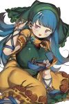  1girl :d absurdres apron arm_ribbon blue_hair blue_ribbon blush breasts commentary_request dress green_apron green_headscarf haniyasushin_keiki headscarf highres jewelry large_breasts leg_ribbon long_hair looking_at_viewer magatama magatama_necklace necklace object_in_pocket open_mouth piaki pink_eyes pocket ribbon short_sleeves simple_background single_strap smile solo tools touhou white_background yellow_dress 