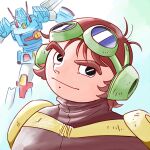  1980s_(style) 1boy assault_visor black_eyes bodysuit brown_hair commentary_request dated goggles goggles_on_head headgear headphones headset highres jiron_amos kobakin looking_at_viewer male_focus mecha mecha_pilot_suit retro_artstyle robot science_fiction sentou_mecha_xabungle short_hair signature smile thick_eyebrows upper_body xabungle_(mecha) 