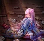  1girl blue_kimono chihaya_(clothing) chinese_commentary closed_eyes commentary fox_mask hakama hannya hata_no_kokoro hyottoko_mask japanese_clothes kimono ko-omote_mask long_hair long_sleeves mask miko new_mask_of_hope noh_mask okina_mask pink_hair red_hakama red_ribbon ribbon seiza shouxishao_jiuyuan sitting solo touhou wooden_floor 
