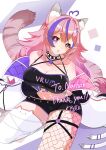 1girl absurdres ahoge anemonekamo animal_ear_fluff animal_ear_legwear animal_ears breasts bright_pupils cat_ear_legwear character_request cleavage collar collarbone commentary_request commission copyright_request earrings fishnet_pantyhose fishnets hair_ornament heart heart_hair_ornament highres jewelry long_hair multicolored_hair navel pantyhose pink_hair purple_eyes purple_streaks single_fishnet_legwear skeb_commission solo sparkling_eyes spiked_collar spikes streaked_hair tail thank_you thighhighs virtual_youtuber white_pupils white_thighhighs 