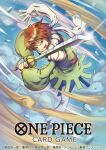  1boy belt brown_hair closed_mouth commentary_request copyright_logo copyright_name copyright_notice dust_cloud fighting_stance glint green_tunic haruta_(one_piece) holding holding_sword holding_weapon logo looking_at_viewer male_focus nekobayashi official_art one_piece one_piece_card_game pants puffy_sleeves rock short_hair solo sword tongue tongue_out tunic weapon white_pants 