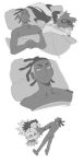  2boys character_doll closed_mouth collar commentary dark-skinned_male dark_skin doll earrings greyscale highres holding holding_doll hugging_doll hugging_object jealous jewelry long_hair lying male_focus molymes monochrome multiple_boys nude on_back on_side piers_(pokemon) pokemon pokemon_sword_and_shield pulling raihan_(pokemon) short_hair under_covers undercut yaoi zigzagoon 