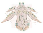  1girl angel angel_wings animal_ears ankle_socks blue_bow blue_bowtie blue_eyes blue_flower blue_nails blue_rose blue_shoes blush bow bowtie buttons cape cat_ears chain collared_shirt commentary curly_hair earrings english_commentary extra_ears flower frilled_cape frilled_shirt_collar frills gold_chain gold_halo gold_trim halo heterochromia highres jewelry littlebluemuffin long_hair multiple_wings open_mouth original pointy_ears rose shirt shoes shorts single_earring single_shoe single_thighhigh socks string_of_pearls thighhighs watermark white_background white_cape white_hair white_shirt white_shorts white_thighhighs white_wings wings yellow_eyes 