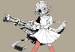  1girl absurdres ammunition_belt bandaged_arm bandaged_leg bandages brown_background commentary_request dress gas_mask gatling_gun gloves greyscale_with_colored_background gun hat highres hinoki_(yesfish1117) holding holding_gun holding_weapon legs_apart looking_at_viewer low_wings mask minigun nurse_cap nurse_robot_type_t nurse_robot_type_t_(vocaloid6) orange_eyes orange_pantyhose pantyhose q_(vocaloid) short_dress short_hair short_sleeves simple_background solo spot_color standing utau vocaloid weapon wings 