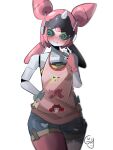  1girl @_@ absurdres aria_(human)_(cuteness_loading)_(zenless_zone_zero) aria_(human)_(zenless_zone_zero) aria_(robot)_(zenless_zone_zero) aria_(zenless_zone_zero) arm_behind_back black_sclera blush closed_mouth colored_sclera commentary cowboy_shot embarrassed english_commentary fingerless_gloves gloves green_eyes hand_up highres humanoid_robot joints looking_to_the_side nangong_yu official_alternate_costume pink_gloves pink_hair pink_shirt robot robot_girl robot_joints self-cosplay shirt short_shorts shorts simple_background solo sunna_(zenless_zone_zero) ui_gray white_background zenless_zone_zero 
