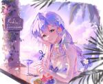  1girl aqua_eyes beach bikini blue_eyes choker cloud cocktail_glass cup drinking_glass face_jewel facial_mark food fruit grapes hair_between_eyes hair_ornament hair_ribbon halo head_wings heart heart_facial_mark highres honkai:_star_rail honkai_(series) instagram_username jewel_under_eye kiwi_(fruit) leaf mark_under_eye mountain multicolored_eyes ocean orange_(fruit) outdoors palm_leaf palm_tree purple_background purple_choker purple_hair purple_sky ribbon robin_(honkai:_star_rail) robin_(summeretto)_(honkai:_star_rail) sky soupcari star_(symbol) star_print starfish_hair_ornament swimsuit tree twitter_username upper_body watermelon white_bikini white_wings wings yellow_eyes 