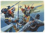  1970s_(style) black_horns border closed_mouth cloud cuts daimos dual_wielding duel fins floating_island flying gorios holding holding_polearm holding_sword holding_weapon horns injury kajita_tatsuji mecha mecha_focus motion_lines multiple_heads multiple_swords no_humans ocean official_art painting_(medium) polearm pyramid_(structure) red_horns retro_artstyle robot sharp_teeth sky super_robot sword teeth third-party_source thrusters toushou_daimos traditional_media trident weapon white_border yellow_eyes 