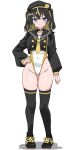  1girl black_choker black_hair black_hat black_shirt black_shoes black_thighhighs blonde_hair blue_eyes breasts cameltoe choker closed_mouth commentary_request full_body groin hair_between_eyes hand_on_own_hip hat highres kamukamu_(ars) large_breasts looking_at_viewer multicolored_hair necktie one-piece_swimsuit original shirt shoes skindentation smile solo sweat swimsuit swimsuit_under_clothes thighhighs thighs two-tone_hair white_one-piece_swimsuit yellow_nails yellow_necktie 
