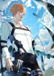  1boy aircraft airplane armin_arlert black_pants blonde_hair blue_eyes blue_sky cloud cloudy_sky collared_shirt commentary_request from_below harness highres korean_commentary male_focus open_mouth outdoors pants paradis_military_uniform sayo_nara_drawing shingeki_no_kyojin shirt short_hair sky solo three-dimensional_maneuver_gear white_shirt wing_collar 