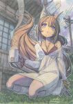  1girl animal_ear_fluff animal_ears asymmetrical_hair bead_bracelet beads blue_eyes blush bra bracelet breasts brown_hair cleavage commentary cup dated dawn dress eyeshadow flipped_sidelocks fluffy_tail fox_ears fox_girl fox_tail from_below grass hand_on_ground highres holding holding_cup industrial industrial_pipe jewelry kneeling lace lace_bra long_hair looking_at_viewer loose_socks makeup making-of_available medium_breasts meiz multiple_bracelets necklace on_ground original outdoors outline power_lines red_bra red_eyeshadow red_lips shoes sign signature single_bare_shoulder single_off_shoulder sky slit_pupils sneakers socks solo steam steaming_cup sweater sweater_dress tail thighs traditional_media underwear utility_pole v-neck white_dress white_outline white_shoes window wooden_porch 