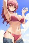  1girl absurdres arm_behind_head arm_up armpits bangs bare_shoulders bikini blue_sky blush breasts cleavage collarbone highres large_breasts long_hair looking_at_viewer navel pink_bikini pink_eyes pink_hair sawada_yuusuke sky solo swimsuit 