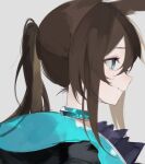  1girl amiya_(arknights) animal_ears arknights ascot black_ascot black_jacket blue_collar blue_eyes blue_jacket brown_hair closed_mouth collar from_side grey_background highres jacket long_hair looking_ahead portrait sidelocks simple_background smile solo tea_(teahrii) 