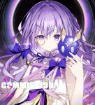  1girl arcaea bare_shoulders black_hole charon_(arcaea) collar commentary_request commission detached_collar dress frilled_collar frills hair_between_eyes hair_ornament highres lagrange_(arcaea) layered_dress long_hair looking_at_viewer monocle neck_ribbon portrait purple_eyes purple_hair purple_ribbon pursed_lips ribbon side_cape single_off_shoulder solo watermark xy_wang yellow_dress 