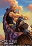  1boy barrel benn_beckman boots cigarette commentary_request copyright_name grey_hair hair_slicked_back holding holding_cigarette male_focus oden_(odenzzi) official_art one_piece one_piece_card_game profile sitting smile solo sunset 