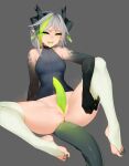 1girl bare_arms bare_shoulders bottomless claws colored_tongue commentary dragon_girl erection eyeshadow futanari green_eyes green_eyeshadow green_hair green_tongue grey_background grey_hair highres horns looking_at_viewer makeup multicolored_hair multiple_horns no_testicles open_mouth original penis pointy_ears precum ricegnat scathe_(ricegnat) sharp_teeth short_hair simple_background solo spread_legs stirrup_legwear streaked_hair symbol-only_commentary tail teeth thighhighs thighs toeless_legwear toes two-tone_hair white_thighhighs 