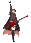  1girl absurdres bang_dream! bang_dream!_girls_band_party! bass_guitar black_boots black_choker black_coat black_hair black_shorts blue_vest boots brown_hair choker coat commentary_request esp_guitars flower_stand_art full_body green_eyes highres holding holding_bass_guitar holding_instrument imai_lisa instrument kanade_(kanade_3344) knee_boots long_hair open_mouth pinky_out shorts simple_background solo vest white_background 