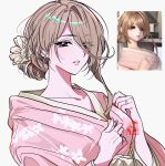 1girl absurdres artist_name brown_eyes brown_hair collarbone dixretsa floral_print floral_print_kimono flower hair_flower hair_ornament hair_over_one_eye hands_up highres japanese_clothes jewelry kimono looking_at_viewer original parted_lips photo-referenced photo_inset pink_kimono pink_lips portrait print_kimono reference_inset ring simple_background solo sparkle watermark white_background 