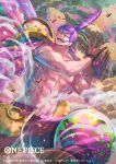  1boy abs bisaiiiii charlotte_cracker clapping commentary_request copyright_name gloves male_focus official_art one_piece one_piece_card_game open_mouth purple_hair scar scar_on_face smile smoke solo topless_male 